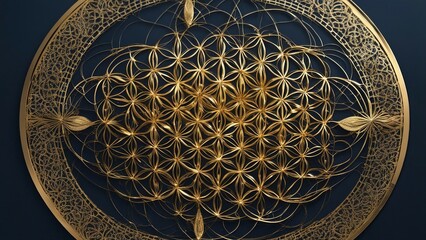 golden ornament on blue A gold flower of life on a dark blue background. Circles and stars in a radiant pattern. Shiny  