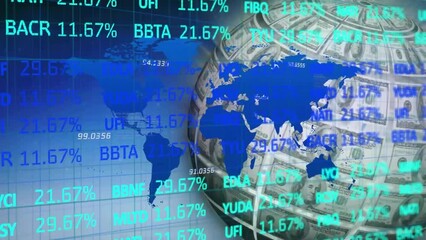 Poster - Animation of financial data processing over globe formed with dollar bills