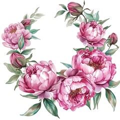 Wall Mural - Round frame. Watercolor pink peones wreath