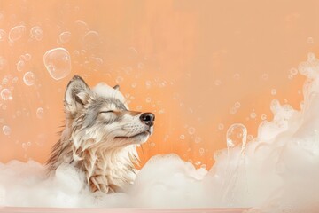 Wall Mural - Wolf taking bubble bath. AI generative art
