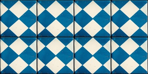 Wall Mural - Old blue white retro vintage worn shabby patchwork checkered chess chessboard lozenge diamond rue motif tiles stone concrete cement wall wallpaper texture background, seamless pattern.