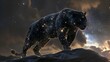 Mystical panther with stars in its fur prowling under a cosmic sky
