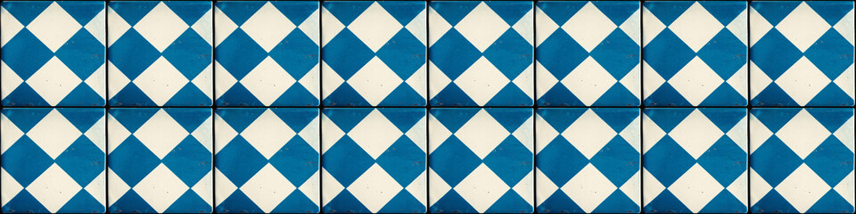 Aufkleber - Old blue white retro vintage worn shabby patchwork checkered chess chessboard lozenge diamond rue motif tiles stone concrete cement wall wallpaper texture background banner panorama, seamless pattern.