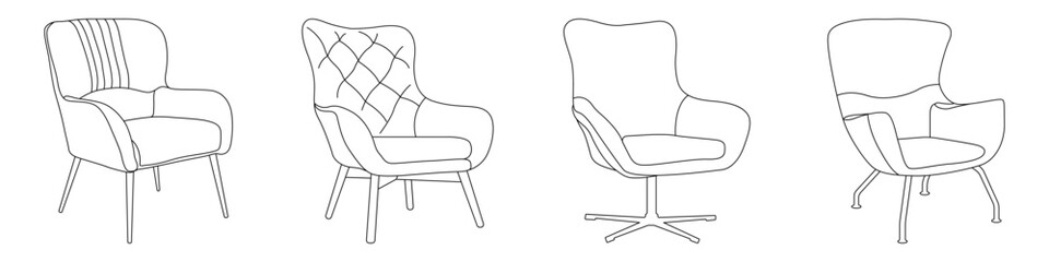 chairs in linear style vector set. icons of soft chairs vector. chairs for sitting vector. armchairs