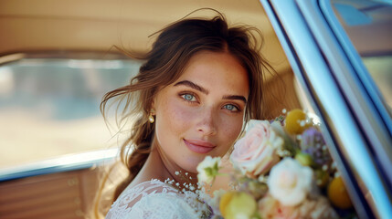 Wall Mural - Portrait of a young woman wearing a wedding dress posing into a car with a colorful bouquet.