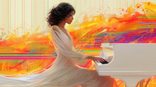 A Beautiful African-American Girl Plays A White Piano, Against The Background Of An Abstract Watercolor Painting. Colorful Illustration Of Lady Pianist, Romantic Atmosphere. Women's Day