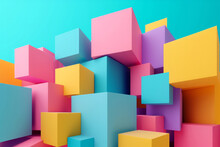 Multi-colored Geometric Shapes Of Different Sizes And Pastel Colors. Wallpaper Of Geometric Shapes And Various Colors. Balls, Cubes, Pink. Blue Color. Abstract Background