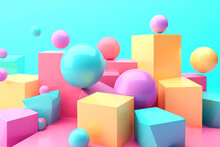 Multi-colored Geometric Shapes Of Different Sizes And Pastel Colors. Wallpaper Of Geometric Shapes And Various Colors. Balls, Cubes, Pink. Blue Color. Abstract Background