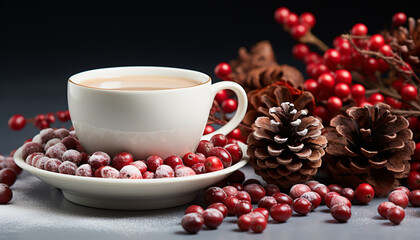 Wall Mural - Fresh cranberries and hot coffee create a cozy winter dessert generated by AI