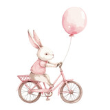 Fototapeta Pomosty - Cute bunny in pink bike and balloon watercolor 