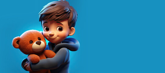 Wall Mural - Cute Cartoon Boy Holding a Teddy Bear on a Blue Background