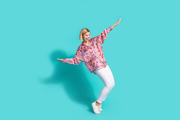 Sticker - Full length photo of eccentric crazy woman dressed print blouse stand on tiptoes announcing black friday isolated on teal color background