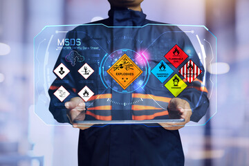 Wall Mural - msds material safety data sheet of dangerous goods or substance downloaded from cloud by engineer wo