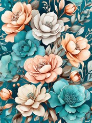 Wall Mural - Teal floral composition. Watercolor understated blooms. 