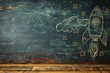 © Margarita Vais  - flying space rocket and stars drawn with chalk on a chalkboard