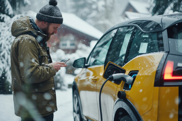 Man charging electric car during cold snowy day, using electric vehicle charging app and checking battery life.