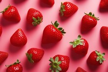 Delicious Ripe Red Strawberries On A Pink Background Top View