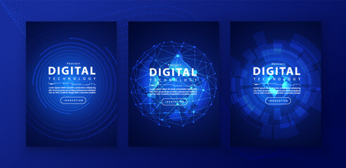 Poster brochure cover banner presentation layout template, technology digital futuristic internet network connection blue background, abstract cyber future tech communication, Ai big data science 3d