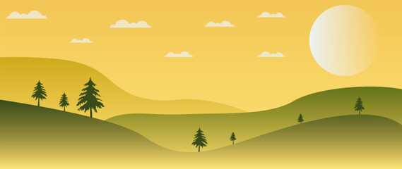 Wall Mural - Vector flat gradient illustration. Beautiful nature with mountains and forests. Ideal for textile design, screensavers, covers, cards, invitations and posters.