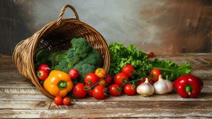 Wall Mural - variety of fresh vegetables spilling out of an overturned wicker basket onto a rustic wooden surface.