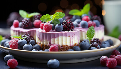 Wall Mural - Fresh berry dessert on wooden plate with mint leaf decoration generated by AI