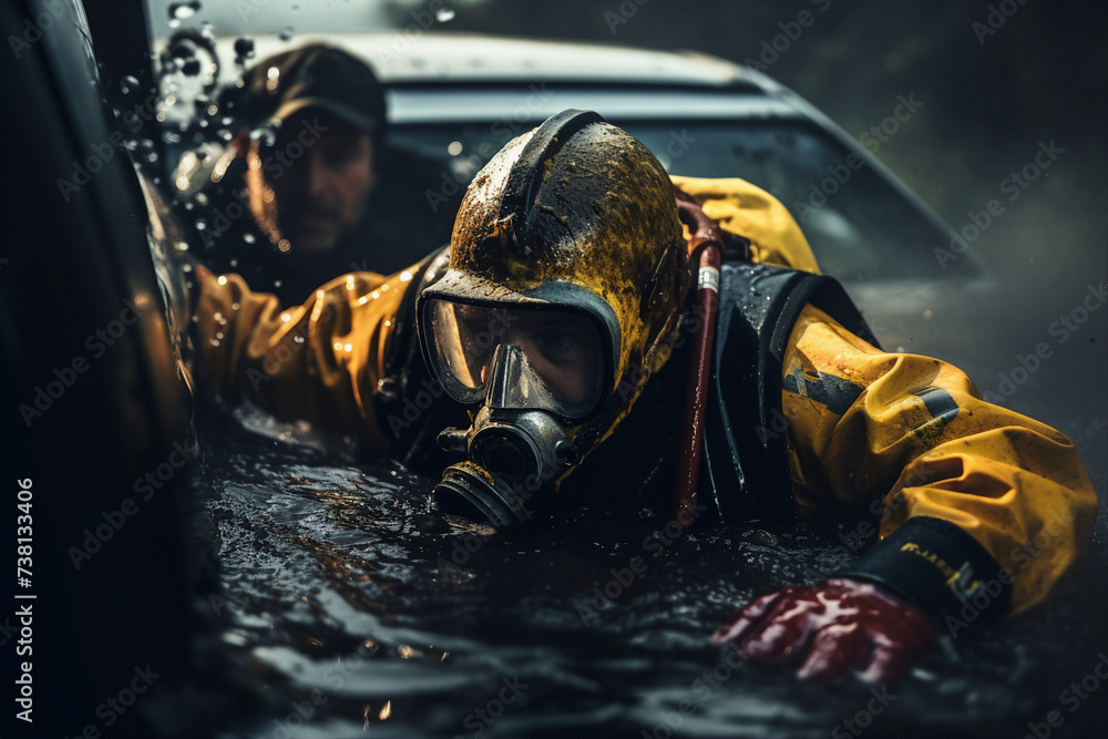 Search and rescue team extricating a person from a collapsed car rescue ...