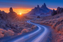 Sunset Over A Winding Road In The Desert