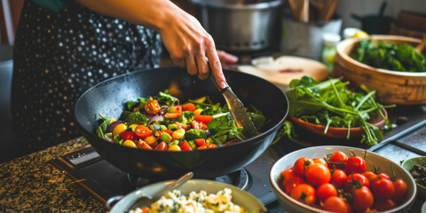 Wall Mural - Woman preparing a healthy vegan meal with  fresh vegetable. Fresh salad