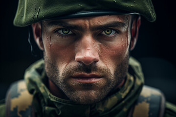 AI generated portrait of confident fully equipped and armed soldier fighting against aggression on battle field