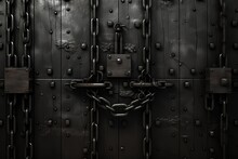 Black Rusty Metal Door With Chains And A Large Padlock