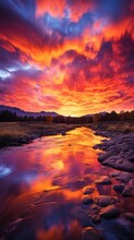 A River Runs Through A Valley At Sunset