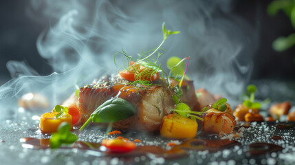 Wall Mural - a close up of a plate of food with smoke coming out of it