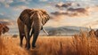 Majestic African Elephant Walking Through The Tall Grass Savanna