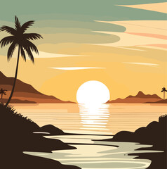 Wall Mural - Tropical beach with palm trees and sea. Exotic island in ocean at sunset. Nature landscape and seascape. Square abstract art background, banner, cover, phone wallpaper vector colorful illustration
