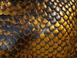 Background with golden dragon scales texture. Snake skin, reptile, made of gold. Fantastic backdrop, texture material, magical creature.