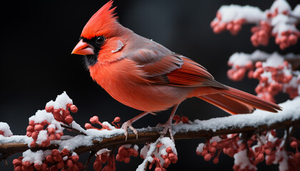 Wall Mural - A cute male cardinal perching on a snowy branch generated by AI