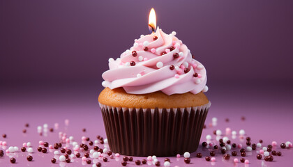 Wall Mural - Homemade cupcake with chocolate icing, birthday candle, and colorful decoration generated by AI