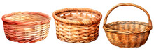 Set Of Wicker Basket In Watercolor, Isolated On Transparent Background