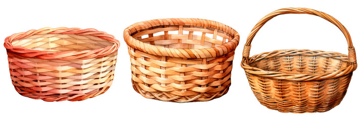 Set of wicker basket in watercolor, isolated on transparent background