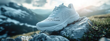 A single white running shoe is poised on a rocky alpine terrain, set against the backdrop of a breathtaking mountain sunrise.