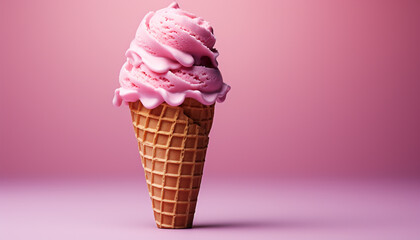 Poster - Refreshing summer treat pink ice cream cone on purple background generated by AI