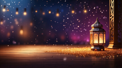 Wall Mural - Arabic lantern of Ramadan celebration day or eid al fitr adha, copy space text area background