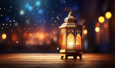 Arabic lantern of Ramadan celebration day or eid al fitr adha, copy space text area background