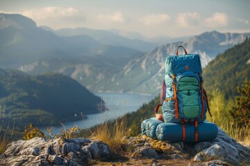 Wall Mural - Capturing the essence of solo travel, a backpack sits atop a hill with a picturesque mountain lake in the distance, symbolizing adventure and tranquility