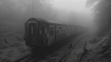 A Black And White Photo Of A Train On A Foggy Train Track With Trees And Bushes In The Background.
