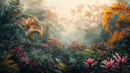Wall Mural - Lush jungle landscape in watercolor style.