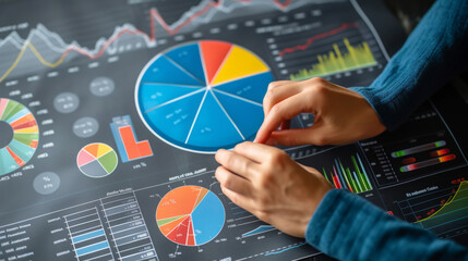 pair of hands are adjusting a large, tactile pie chart on a digital interface with various types of graphs and data visualizations in the background.