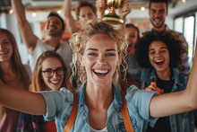 An Enthusiastic Woman Humorously Wears A Trophy Crown Among An Ecstatic And Diverse Group Of Friends