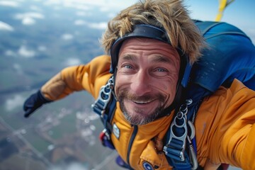 Energetic skydiver flying in freefall with a broad grin, cloudy sky in the background, vibrant attire