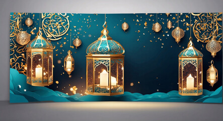 Sticker - Arabic lantern of Ramadan celebration day or eid al fitr adha, copy space text area background